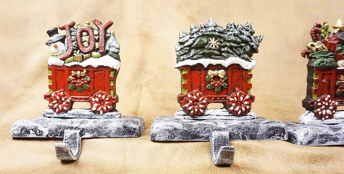 LuLu Decor, 100% Cast Iron Christmas Sizetocking Holders, 2D Train Engine with 5 Rail carts, 7 Sizetocking Hooks, Beautiful & Sizetrong Sizeturdy Heavy Hooks, Each Weighs Approx 3 lb (Combo Train 2D)