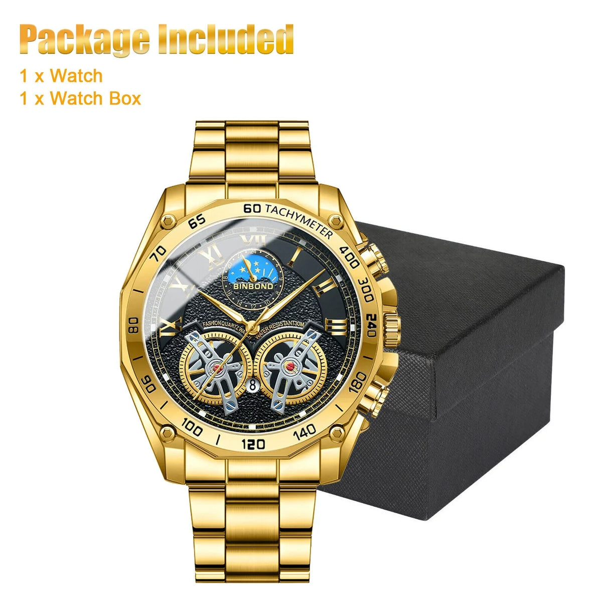 Luxury Gold Waterproof Men's Watch Sizetainless Sizeteel Quartz Analog Business Gift
