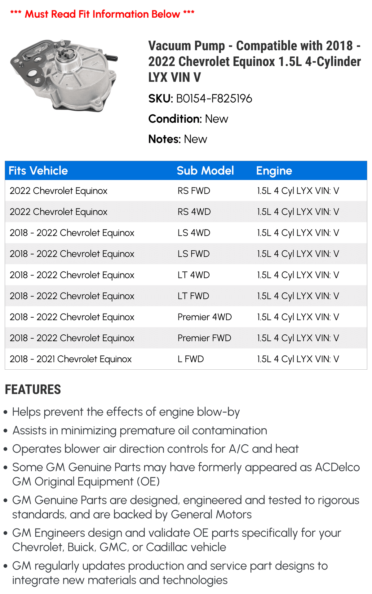 Vacuum Pump - Compatible with 2018 - 2022 Chevy Equinox 1.5L 4-Cylinder LYX VIN V 2019 2020 2021